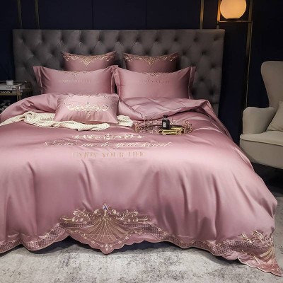 Exquisite Embroidery Design Tencel Silk Queen Size Bedding Set Bed Sheets With Duvet Cover Set